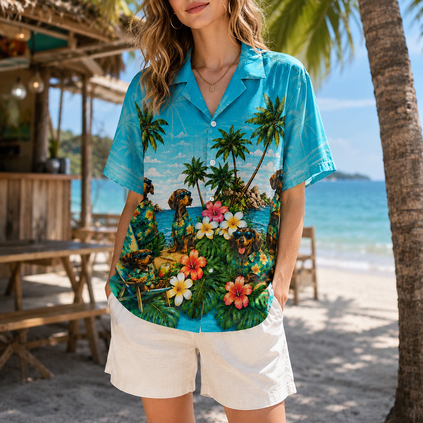 HW-744-Tropical Dog Hawaiian Shirt with Playful Puppy and Island Pattern for Beach Vacation, Summer Adventures and Resort Style