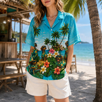 HW-744-Tropical Dog Hawaiian Shirt with Playful Puppy and Island Pattern for Beach Vacation, Summer Adventures and Resort Style