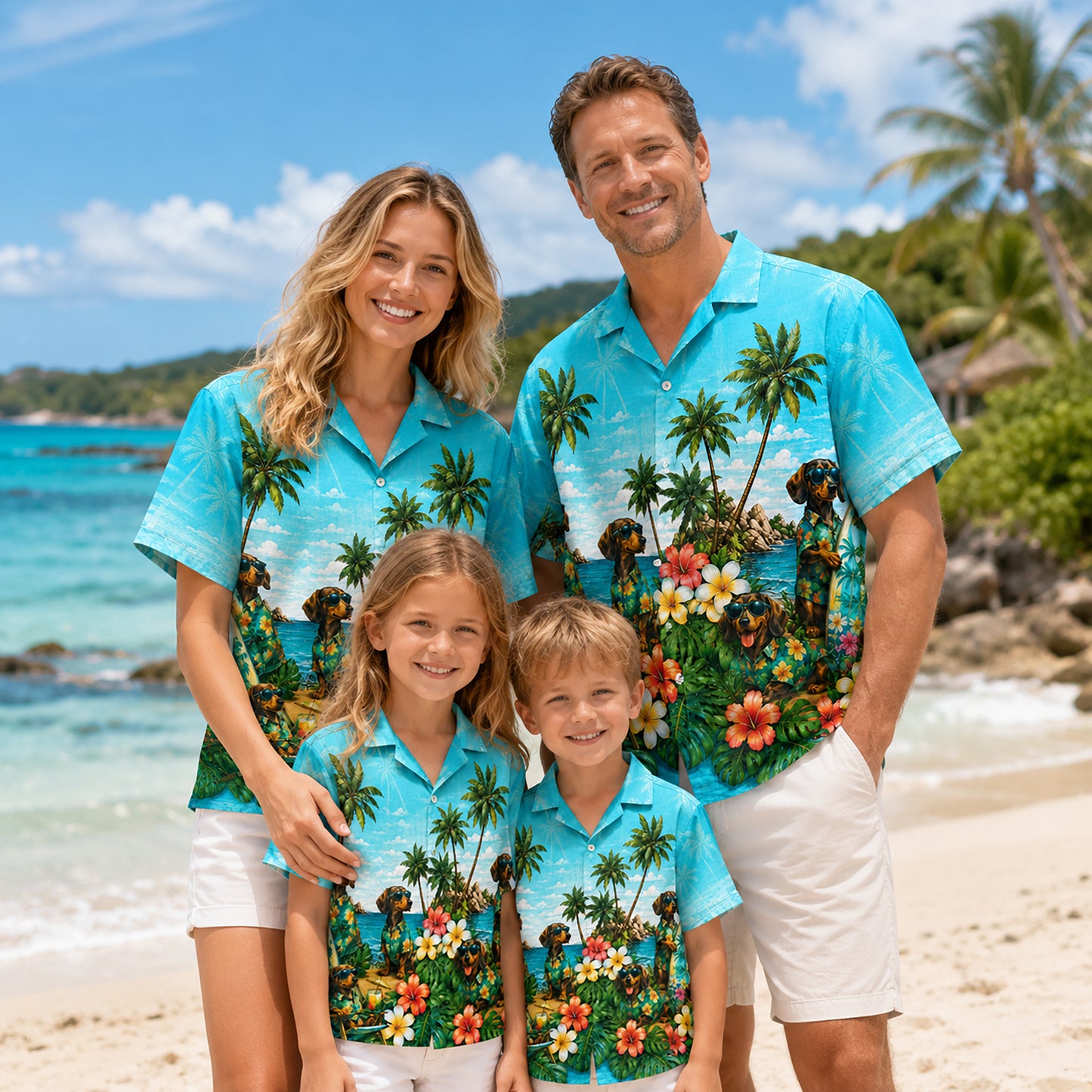 HW-744-Tropical Dog Hawaiian Shirt with Playful Puppy and Island Pattern for Beach Vacation, Summer Adventures and Resort Style