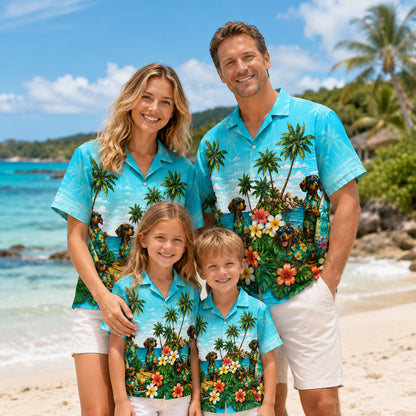 HW-744-Tropical Dog Hawaiian Shirt with Playful Puppy and Island Pattern for Beach Vacation, Summer Adventures and Resort Style