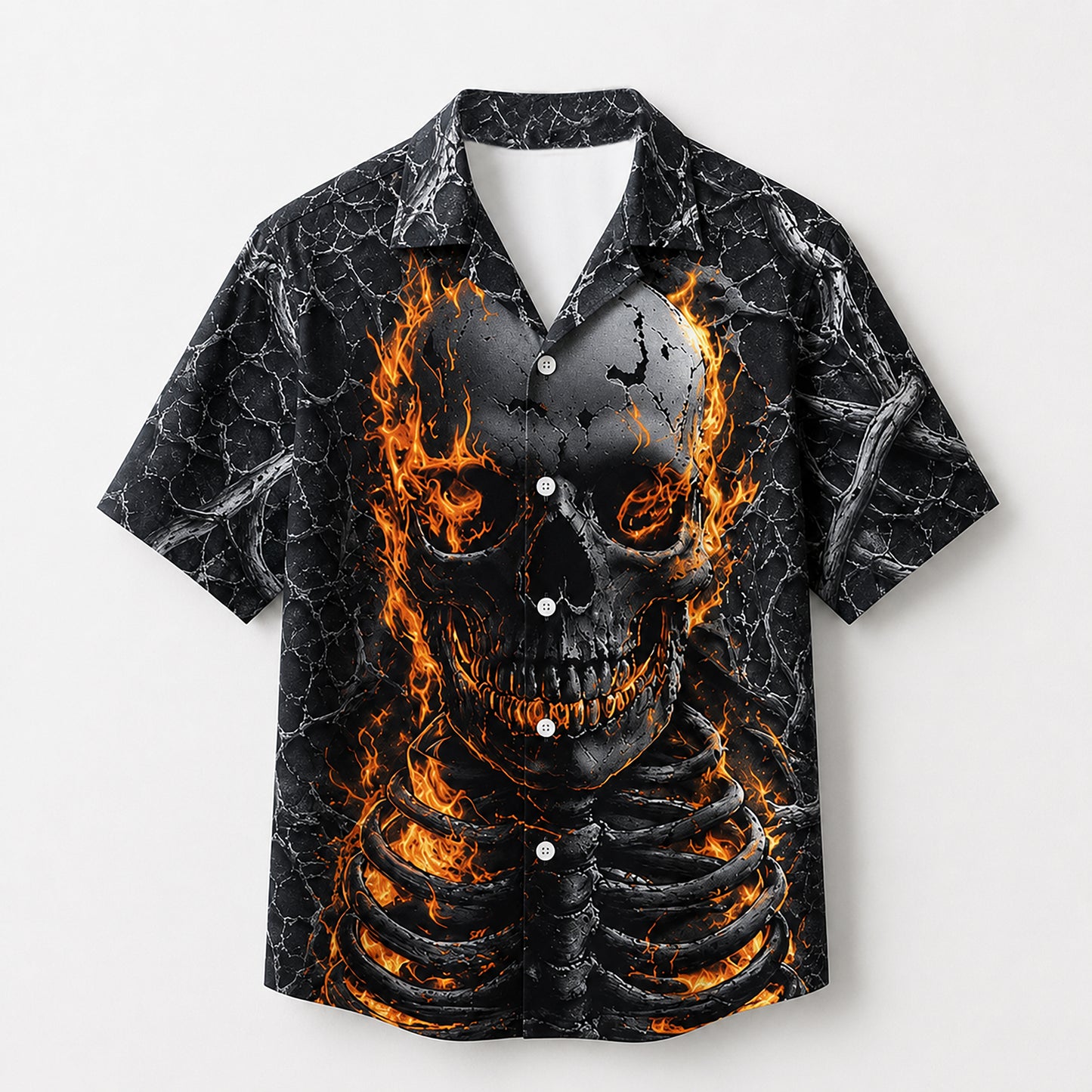 HW-745-Flaming Skeleton Hawaiian Shirt with Fiery Skull Pattern for Halloween Parties, Spooky Season and Bold Horror Style