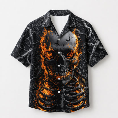 HW-745-Flaming Skeleton Hawaiian Shirt with Fiery Skull Pattern for Halloween Parties, Spooky Season and Bold Horror Style