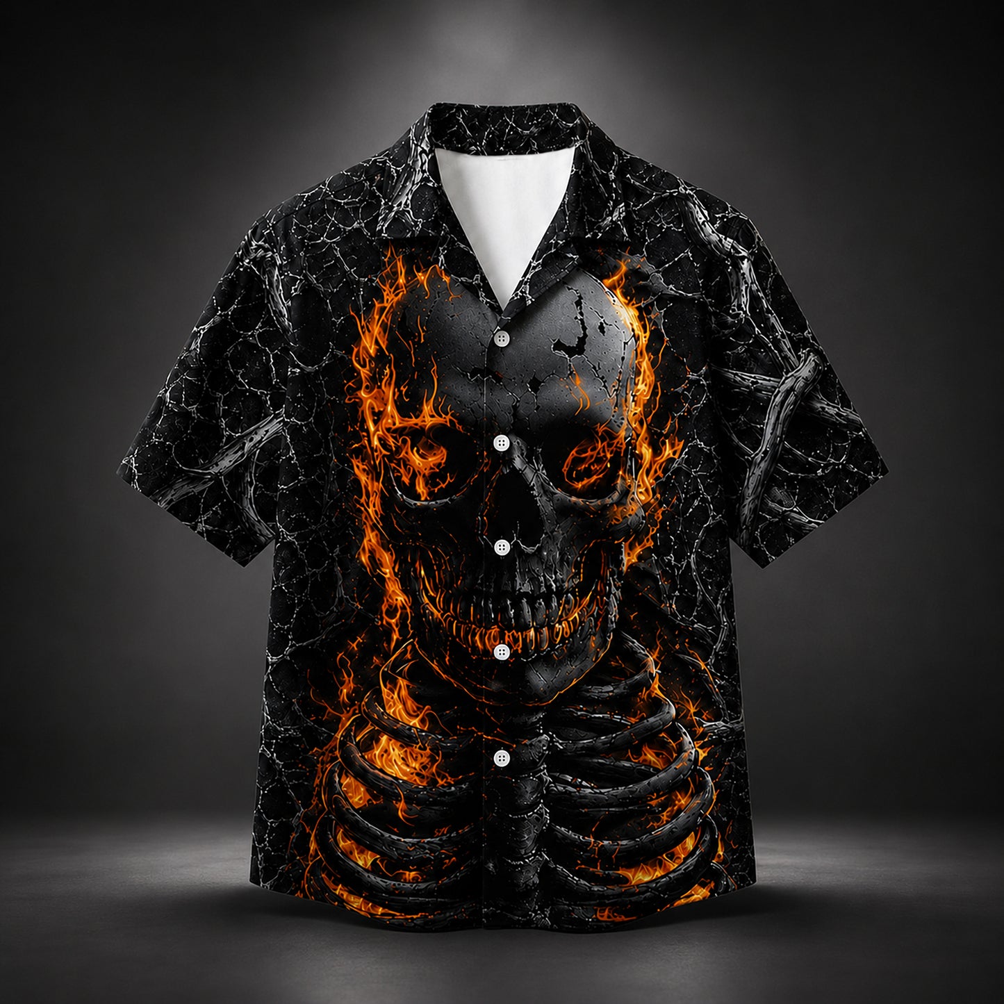 HW-745-Flaming Skeleton Hawaiian Shirt with Fiery Skull Pattern for Halloween Parties, Spooky Season and Bold Horror Style
