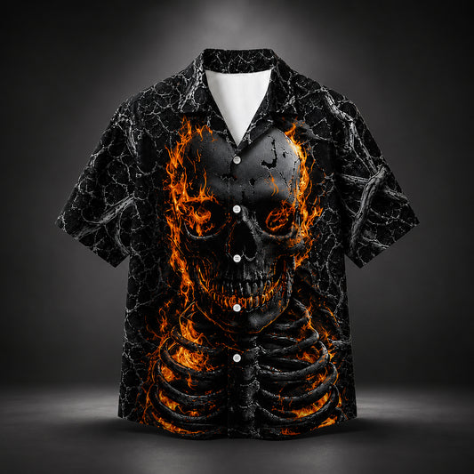 HW-745-Flaming Skeleton Hawaiian Shirt with Fiery Skull Pattern for Halloween Parties, Spooky Season and Bold Horror Style