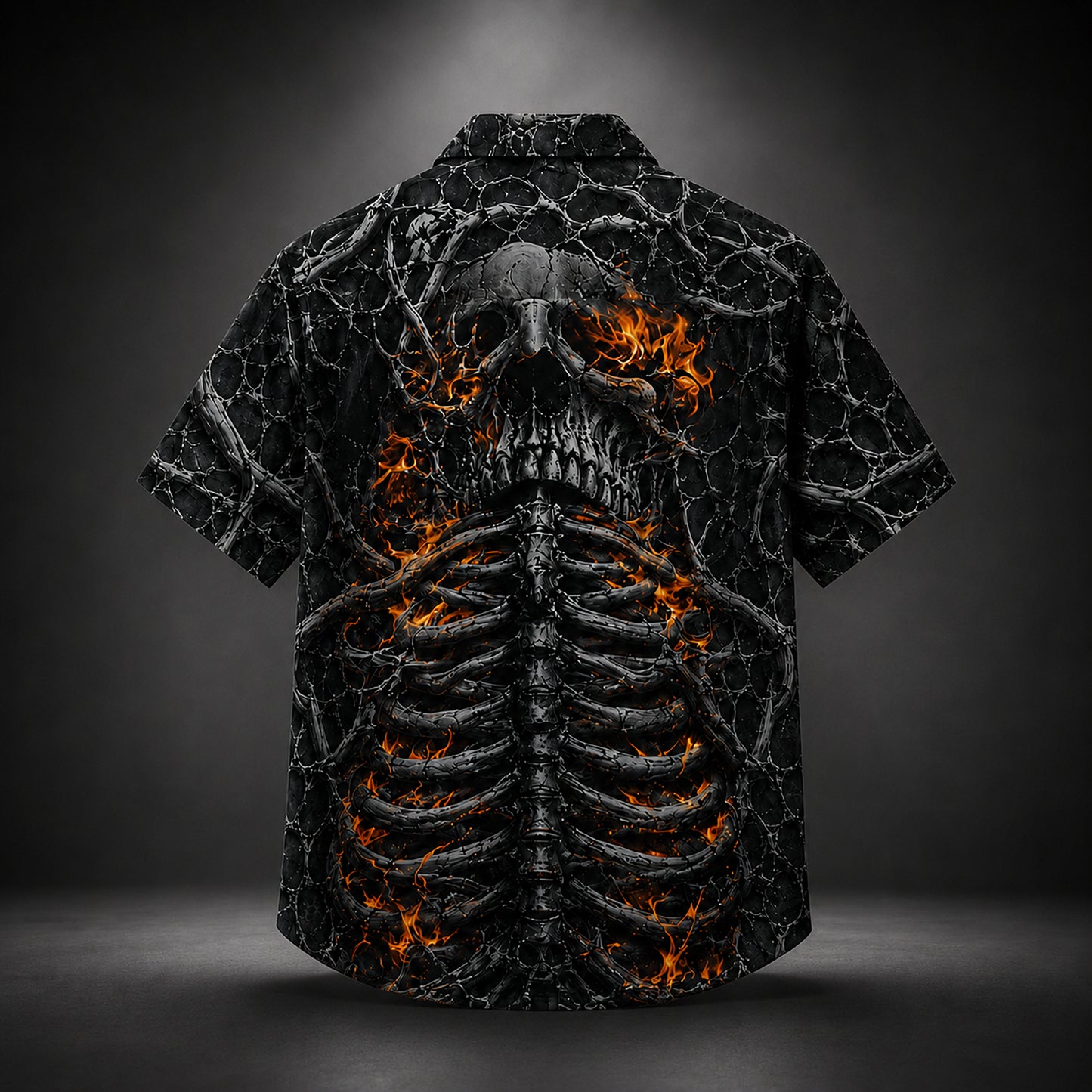HW-745-Flaming Skeleton Hawaiian Shirt with Fiery Skull Pattern for Halloween Parties, Spooky Season and Bold Horror Style