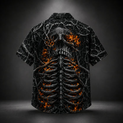 HW-745-Flaming Skeleton Hawaiian Shirt with Fiery Skull Pattern for Halloween Parties, Spooky Season and Bold Horror Style