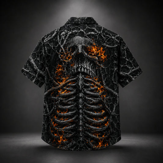 HW-745-Flaming Skeleton Hawaiian Shirt with Fiery Skull Pattern for Halloween Parties, Spooky Season and Bold Horror Style