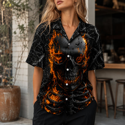 HW-745-Flaming Skeleton Hawaiian Shirt with Fiery Skull Pattern for Halloween Parties, Spooky Season and Bold Horror Style