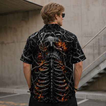 HW-745-Flaming Skeleton Hawaiian Shirt with Fiery Skull Pattern for Halloween Parties, Spooky Season and Bold Horror Style