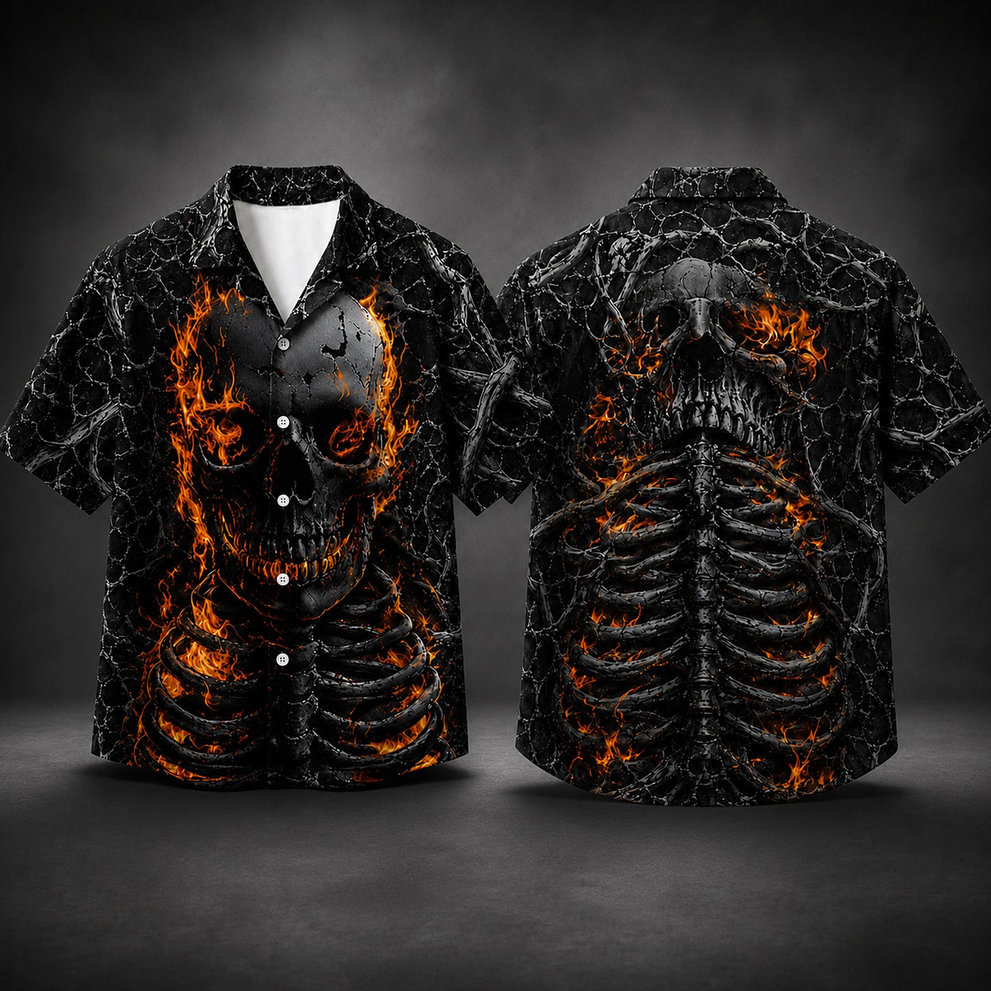HW-745-Flaming Skeleton Hawaiian Shirt with Fiery Skull Pattern for Halloween Parties, Spooky Season and Bold Horror Style