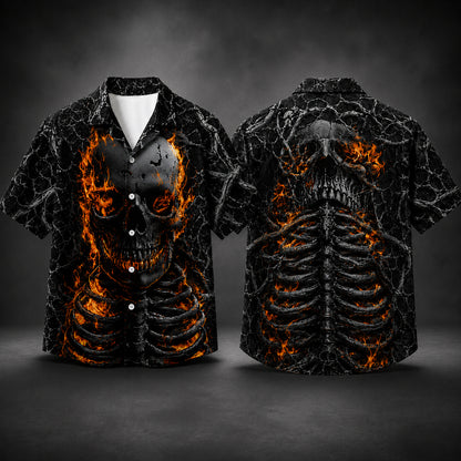 HW-745-Flaming Skeleton Hawaiian Shirt with Fiery Skull Pattern for Halloween Parties, Spooky Season and Bold Horror Style
