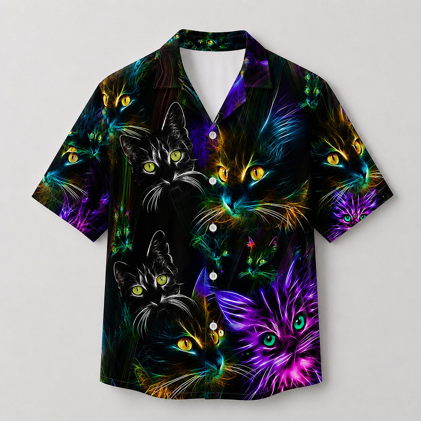HW-746-Colorful Lights Cat Hawaiian Shirt with Playful Feline Pattern for Festive Parties, Vacation and Eye-Catching Casual Style