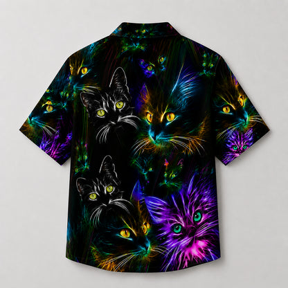 HW-746-Colorful Lights Cat Hawaiian Shirt with Playful Feline Pattern for Festive Parties, Vacation and Eye-Catching Casual Style