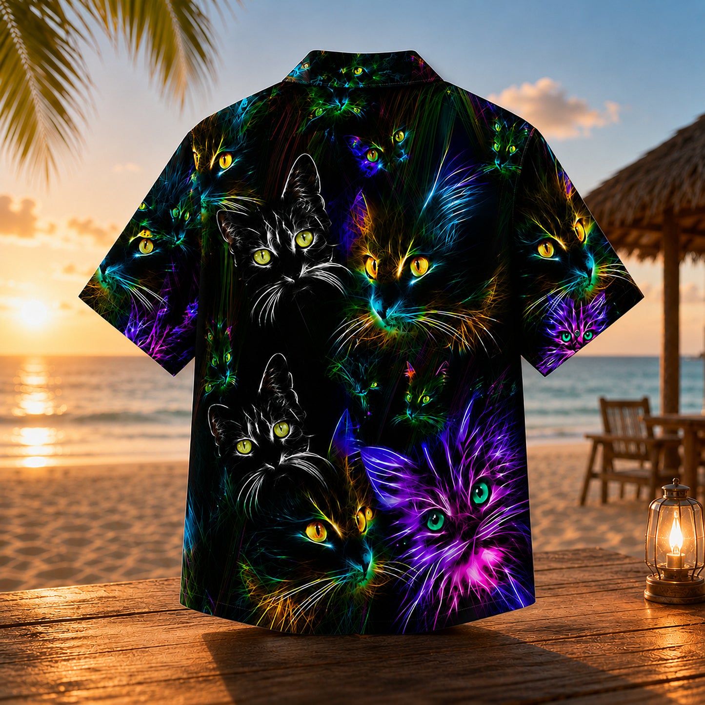 HW-746-Colorful Lights Cat Hawaiian Shirt with Playful Feline Pattern for Festive Parties, Vacation and Eye-Catching Casual Style