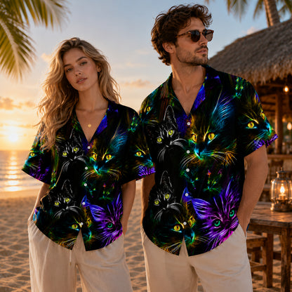 HW-746-Colorful Lights Cat Hawaiian Shirt with Playful Feline Pattern for Festive Parties, Vacation and Eye-Catching Casual Style