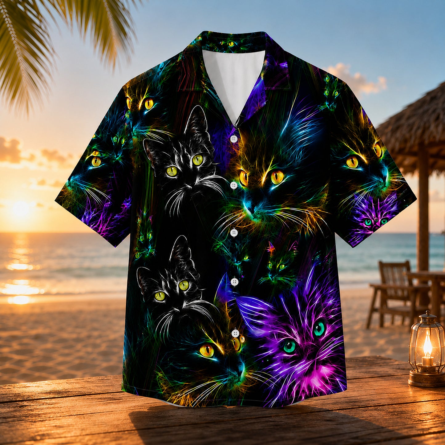 HW-746-Colorful Lights Cat Hawaiian Shirt with Playful Feline Pattern for Festive Parties, Vacation and Eye-Catching Casual Style