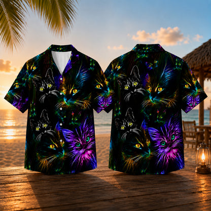 HW-746-Colorful Lights Cat Hawaiian Shirt with Playful Feline Pattern for Festive Parties, Vacation and Eye-Catching Casual Style