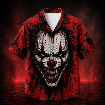 HW-747-Scary Clown Halloween Hawaiian Shirt with Creepy Horror Circus Pattern for Spooky Parties, Fright Nights and Halloween Style