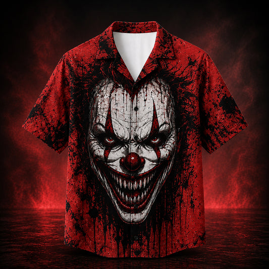 HW-747-Scary Clown Halloween Hawaiian Shirt with Creepy Horror Circus Pattern for Spooky Parties, Fright Nights and Halloween Style
