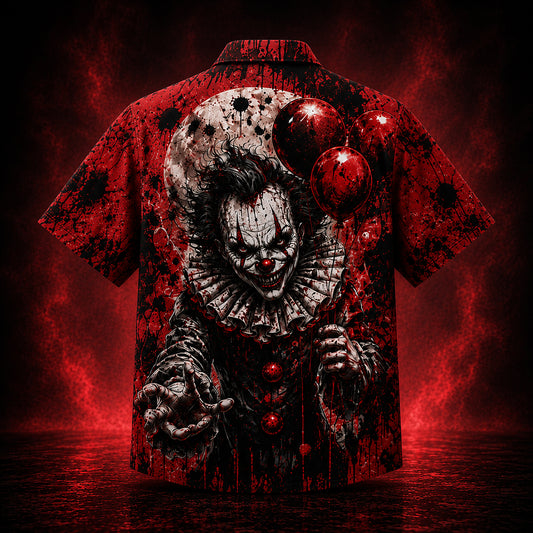 HW-747-Scary Clown Halloween Hawaiian Shirt with Creepy Horror Circus Pattern for Spooky Parties, Fright Nights and Halloween Style