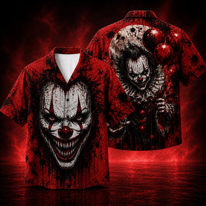 HW-747-Scary Clown Halloween Hawaiian Shirt with Creepy Horror Circus Pattern for Spooky Parties, Fright Nights and Halloween Style