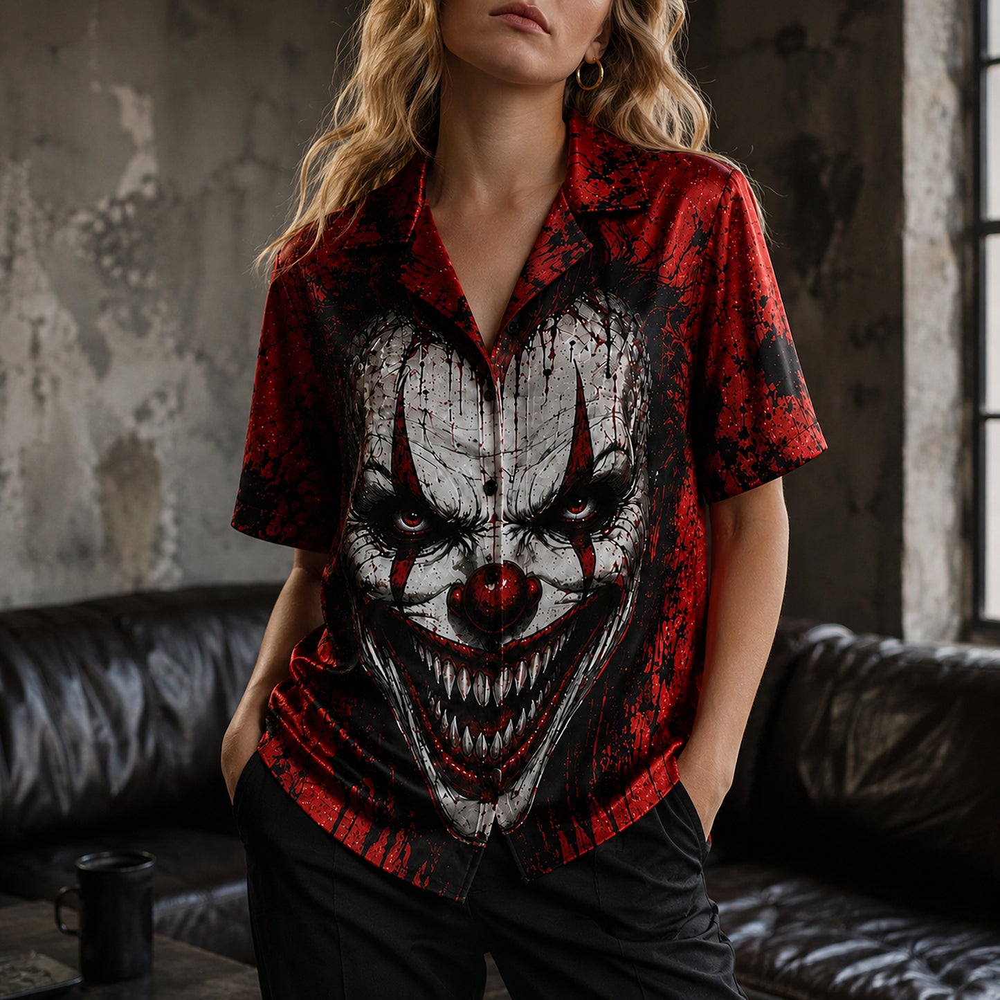 HW-747-Scary Clown Halloween Hawaiian Shirt with Creepy Horror Circus Pattern for Spooky Parties, Fright Nights and Halloween Style