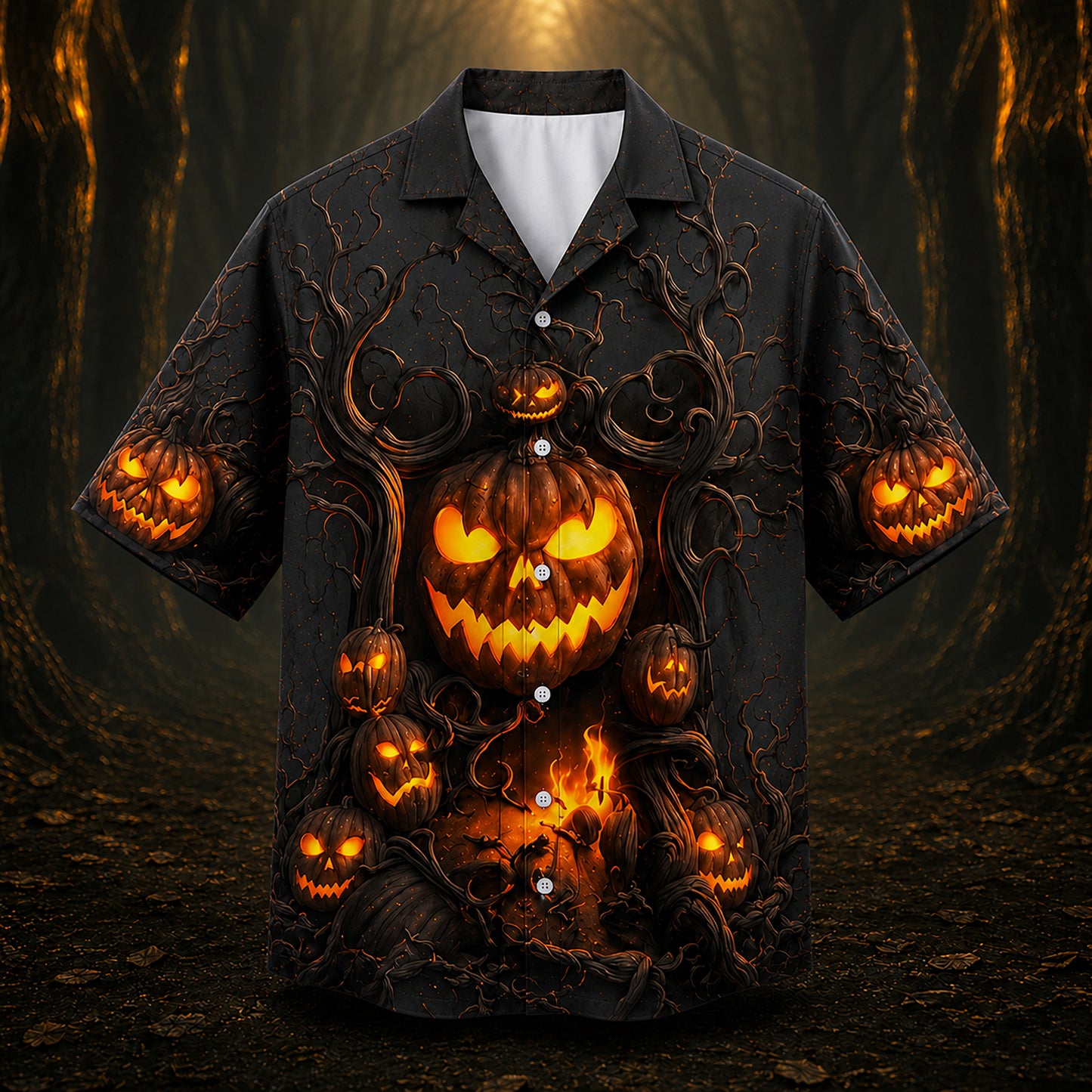 HW-748-Midnight Halloween Hawaiian Shirt with Spooky Seasonal Artwork for October Parties, Vacation and Casual Wear