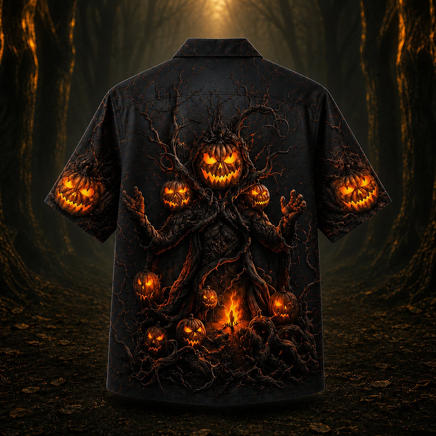 HW-748-Midnight Halloween Hawaiian Shirt with Spooky Seasonal Artwork for October Parties, Vacation and Casual Wear