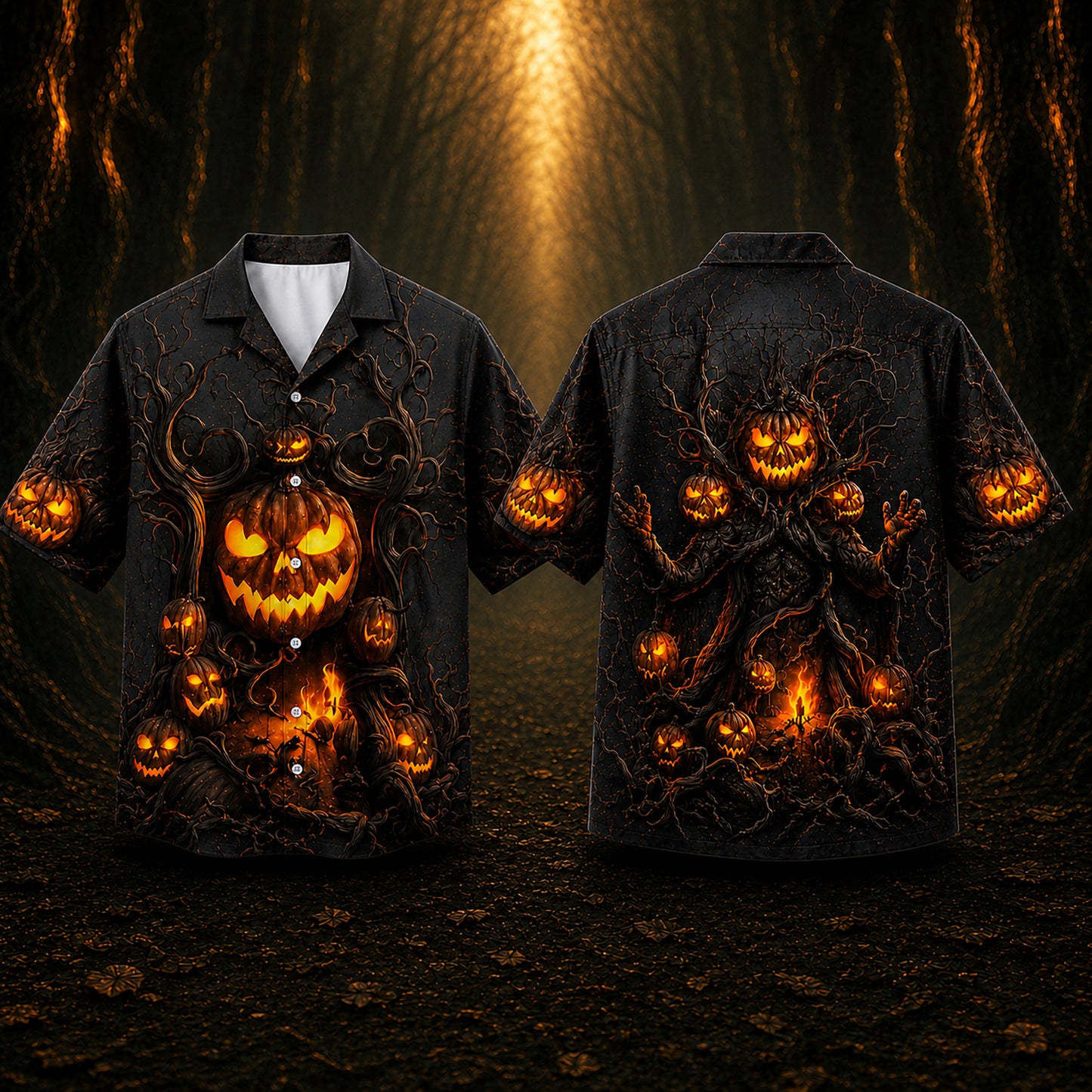 HW-748-Midnight Halloween Hawaiian Shirt with Spooky Seasonal Artwork for October Parties, Vacation and Casual Wear