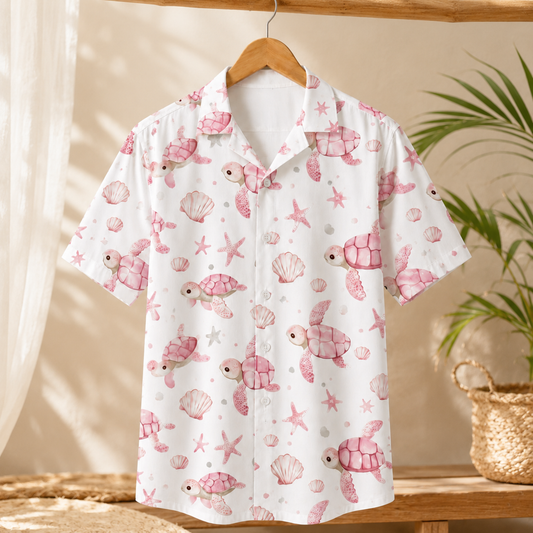 HW-M029-Pink Watercolor Sea Turtle Coastal Seashell Print White Button Down Hawaiian Shirt