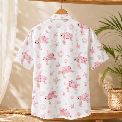 HW-M029-Pink Watercolor Sea Turtle Coastal Seashell Print White Button Down Hawaiian Shirt