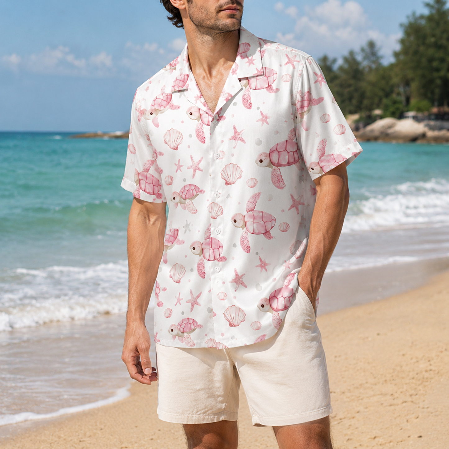 HW-M029-Pink Watercolor Sea Turtle Coastal Seashell Print White Button Down Hawaiian Shirt