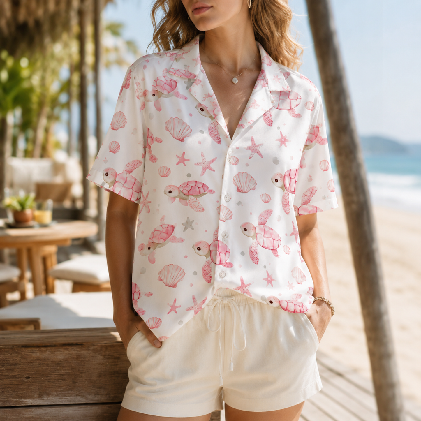 HW-M029-Pink Watercolor Sea Turtle Coastal Seashell Print White Button Down Hawaiian Shirt
