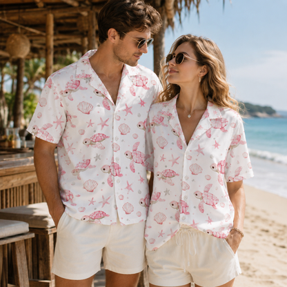 HW-M029-Pink Watercolor Sea Turtle Coastal Seashell Print White Button Down Hawaiian Shirt