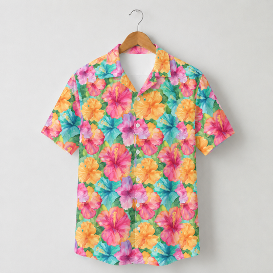 HW-M033-Vibrant Colorful Watercolor Hibiscus Floral Print Tropical Resort Wear Button Down Summer Hawaiian Shirt