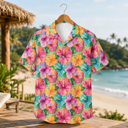 HW-M033-Vibrant Colorful Watercolor Hibiscus Floral Print Tropical Resort Wear Button Down Summer Hawaiian Shirt