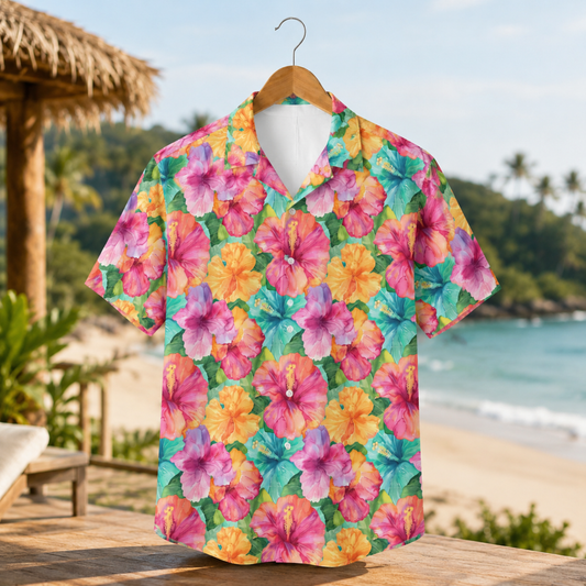 HW-M033-Vibrant Colorful Watercolor Hibiscus Floral Print Tropical Resort Wear Button Down Summer Hawaiian Shirt