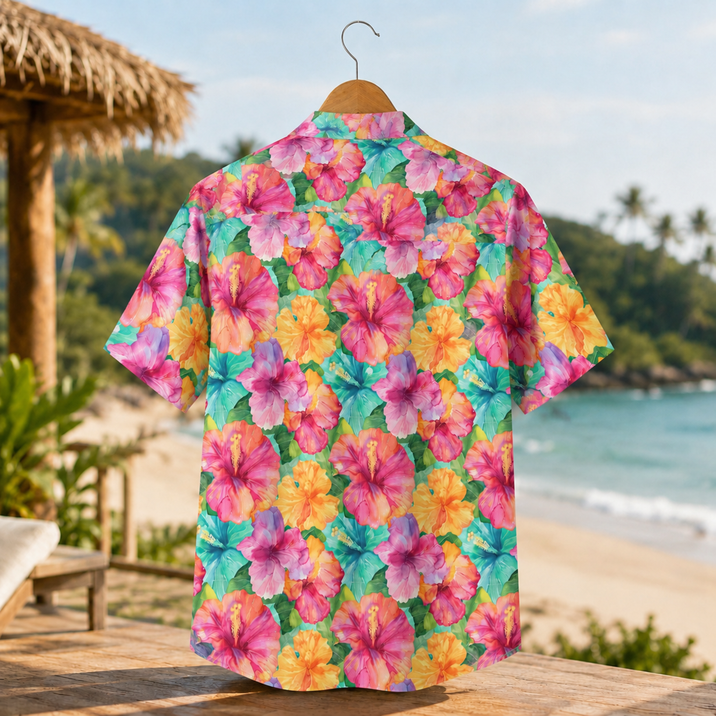 HW-M033-Vibrant Colorful Watercolor Hibiscus Floral Print Tropical Resort Wear Button Down Summer Hawaiian Shirt