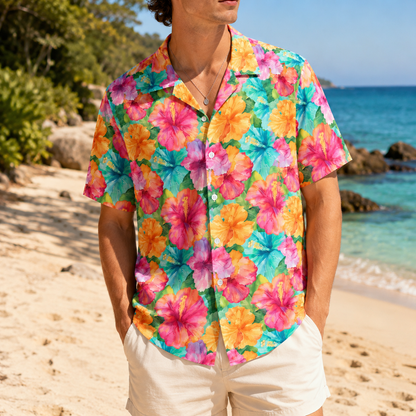 HW-M033-Vibrant Colorful Watercolor Hibiscus Floral Print Tropical Resort Wear Button Down Summer Hawaiian Shirt