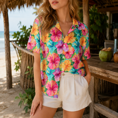 HW-M033-Vibrant Colorful Watercolor Hibiscus Floral Print Tropical Resort Wear Button Down Summer Hawaiian Shirt