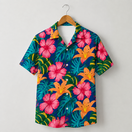 HW-M034-Deep Blue Tropical Monstera And Pink Hibiscus Floral Print Button Down Hawaiian Resort Shirt