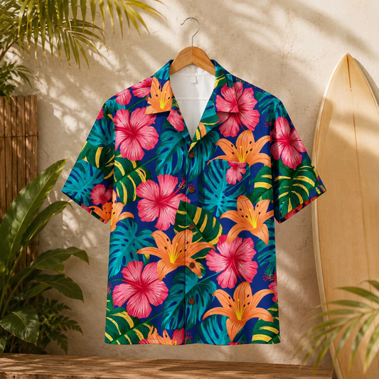 HW-M034-Deep Blue Tropical Monstera And Pink Hibiscus Floral Print Button Down Hawaiian Resort Shirt