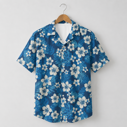 HW-M035-Navy Blue And White Tropical Floral Botanical Print Button Down Summer Hawaiian Resort Shirt