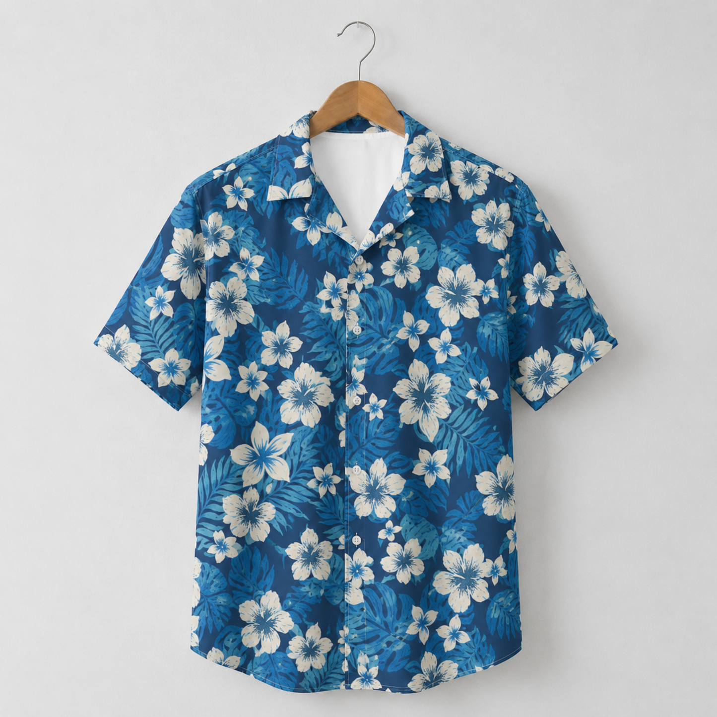 HW-M035-Navy Blue And White Tropical Floral Botanical Print Button Down Summer Hawaiian Resort Shirt