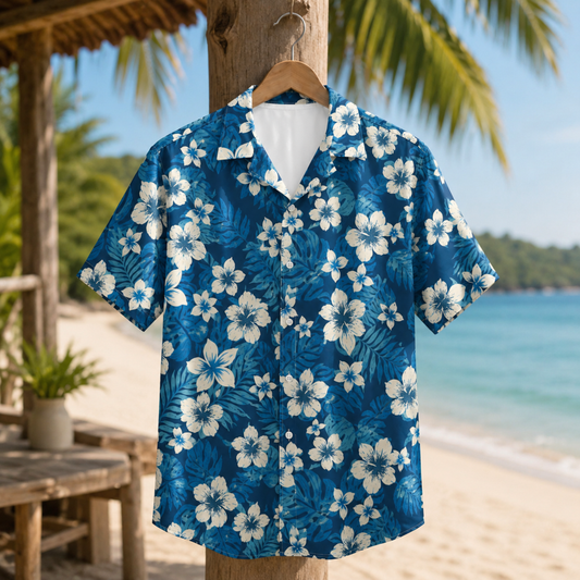 HW-M035-Navy Blue And White Tropical Floral Botanical Print Button Down Summer Hawaiian Resort Shirt