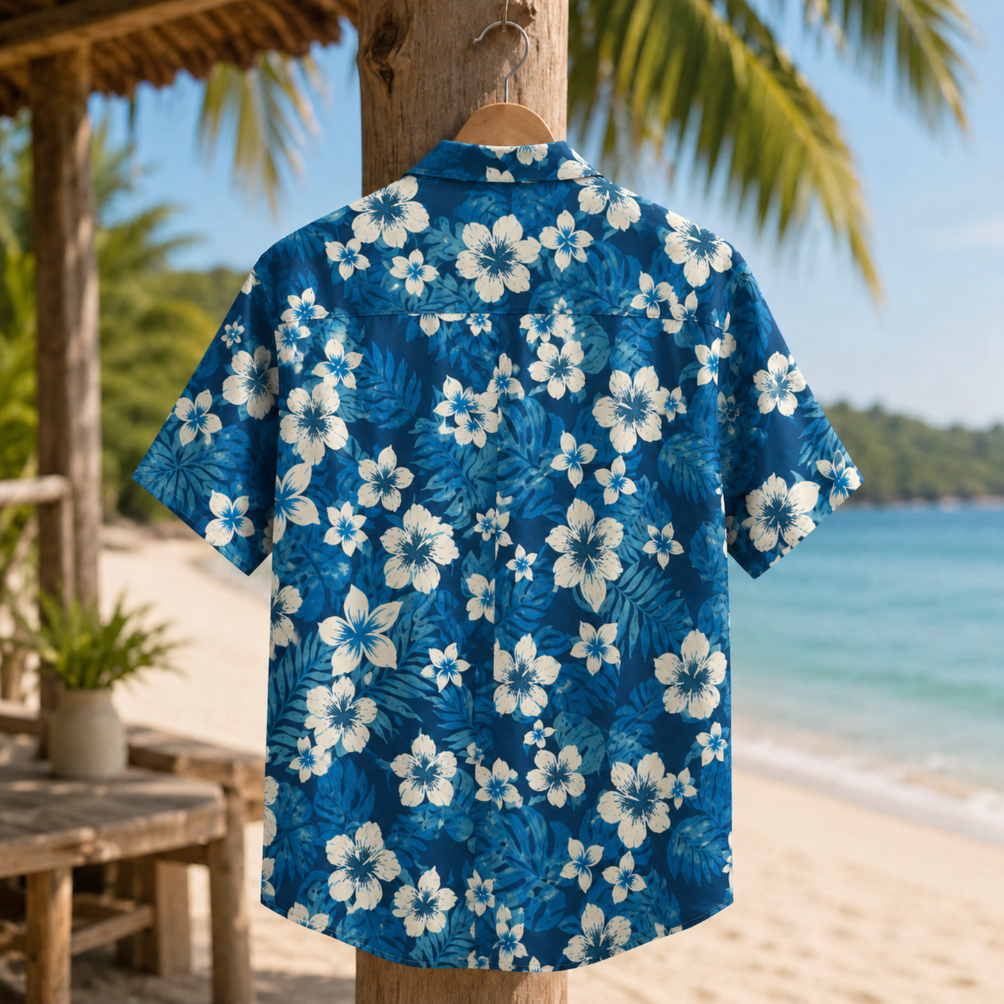 HW-M035-Navy Blue And White Tropical Floral Botanical Print Button Down Summer Hawaiian Resort Shirt