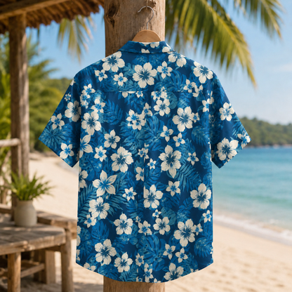 HW-M035-Navy Blue And White Tropical Floral Botanical Print Button Down Summer Hawaiian Resort Shirt