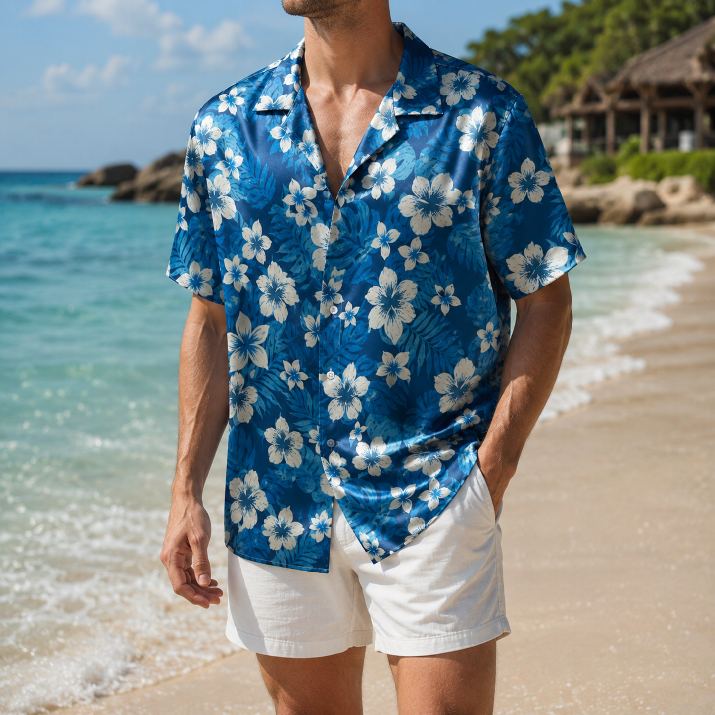 HW-M035-Navy Blue And White Tropical Floral Botanical Print Button Down Summer Hawaiian Resort Shirt