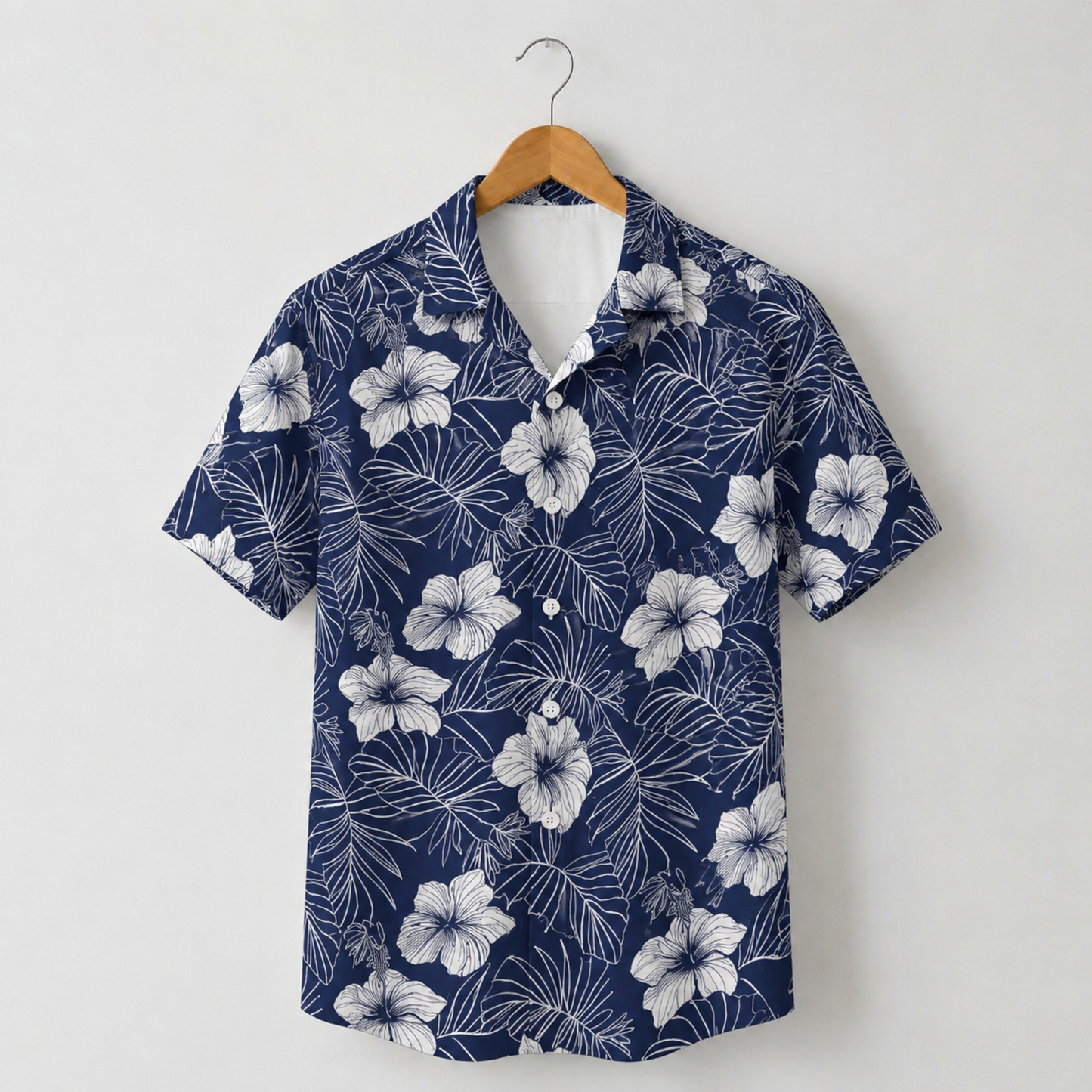 HW-M036-Navy Blue And White Line Art Botanical Floral Button Down Summer Vacation Hawaiian Shirt