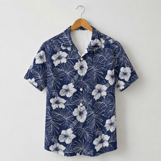 HW-M036-Navy Blue And White Line Art Botanical Floral Button Down Summer Vacation Hawaiian Shirt